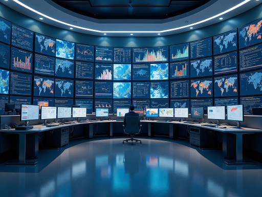 道路监控中心控制台，多块大屏幕显示监控画面，操作员正在查看数据